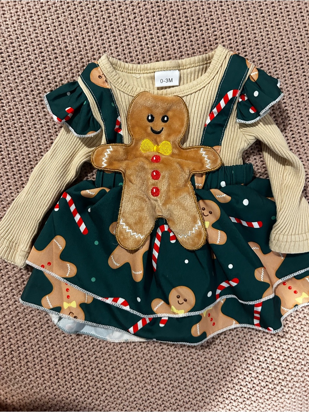 Baby Girl Gingerbread Christmas Dress 0-3M Holiday Suspender Outfit Long Sleeve